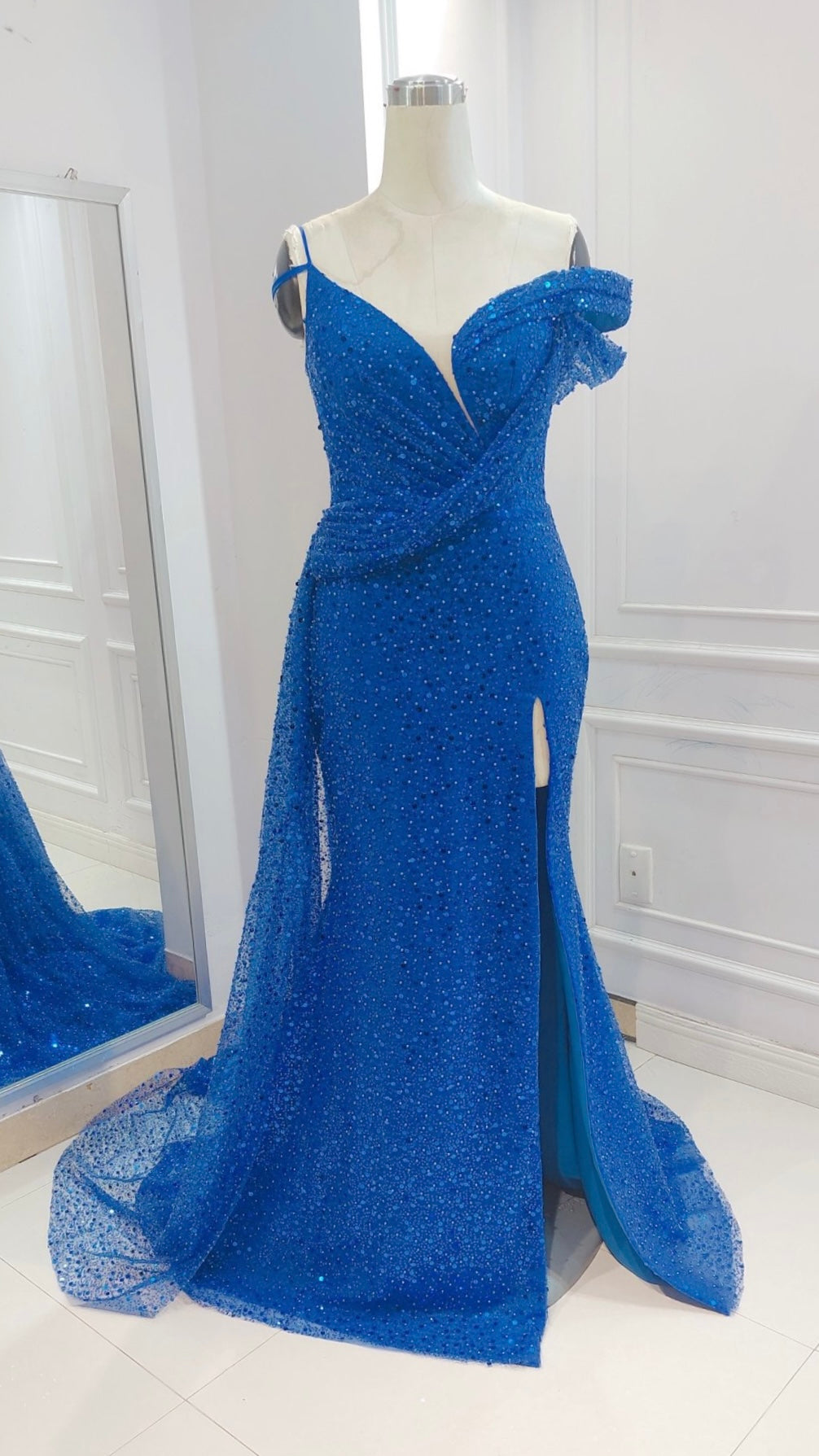 Anjuli | Sparkling Blue Evening Dress Off Shoulder with Thigh Split Yin Bridal Anjuli | Sparkling Blue Evening Dress Off Shoulder with Thigh Split Yin Bridal