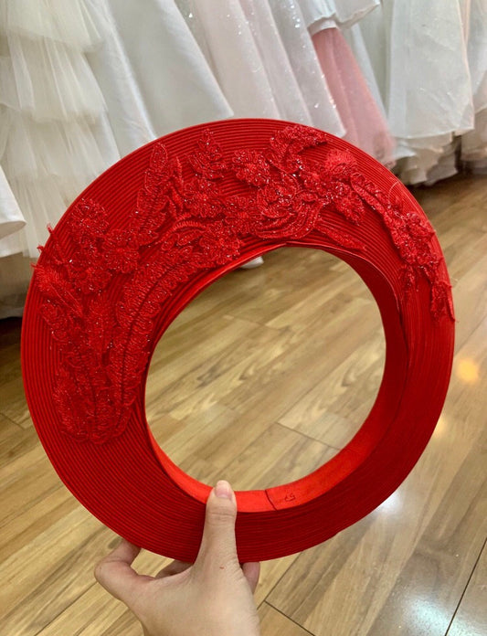 Red headpiece for Vietnamese ao dai