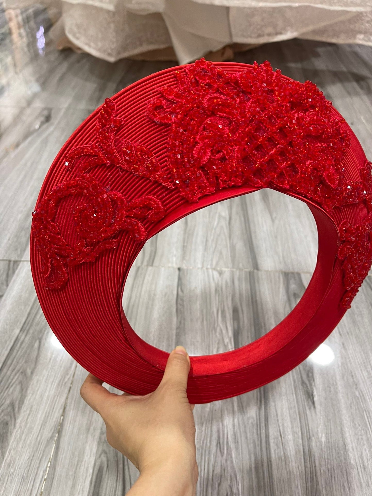 Red headpiece for Vietnamese ao dai