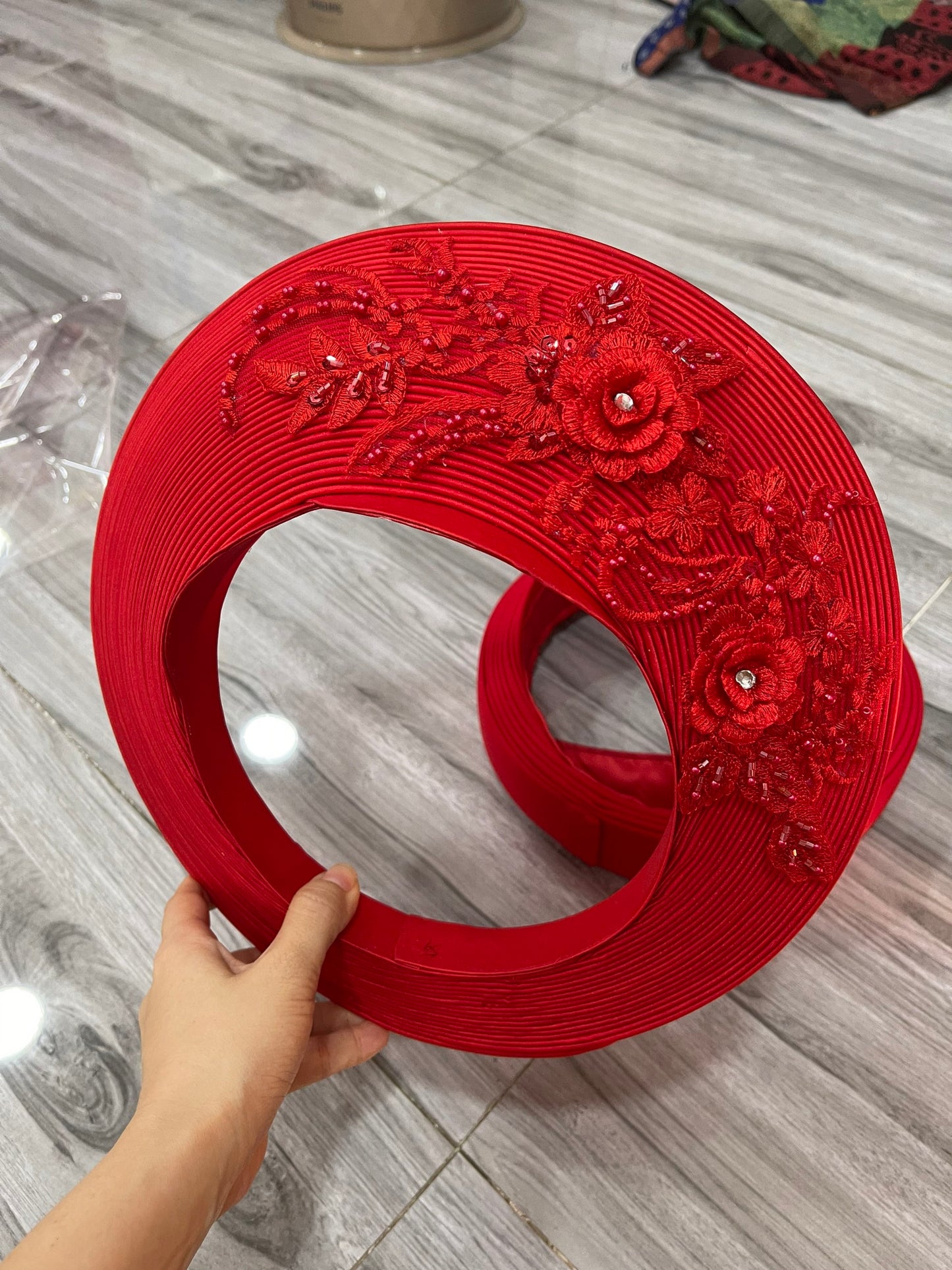 Red headpiece for Vietnamese ao dai