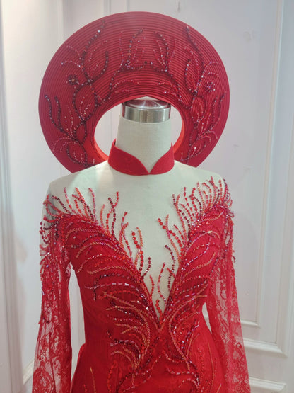 Red headpiece for Vietnamese ao dai